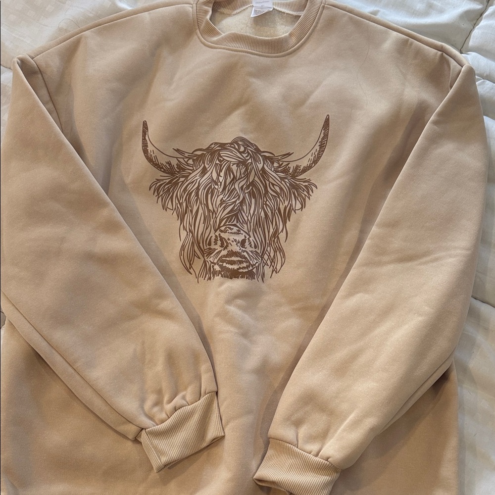 Tan Crewneck Sweater with Highland Cow